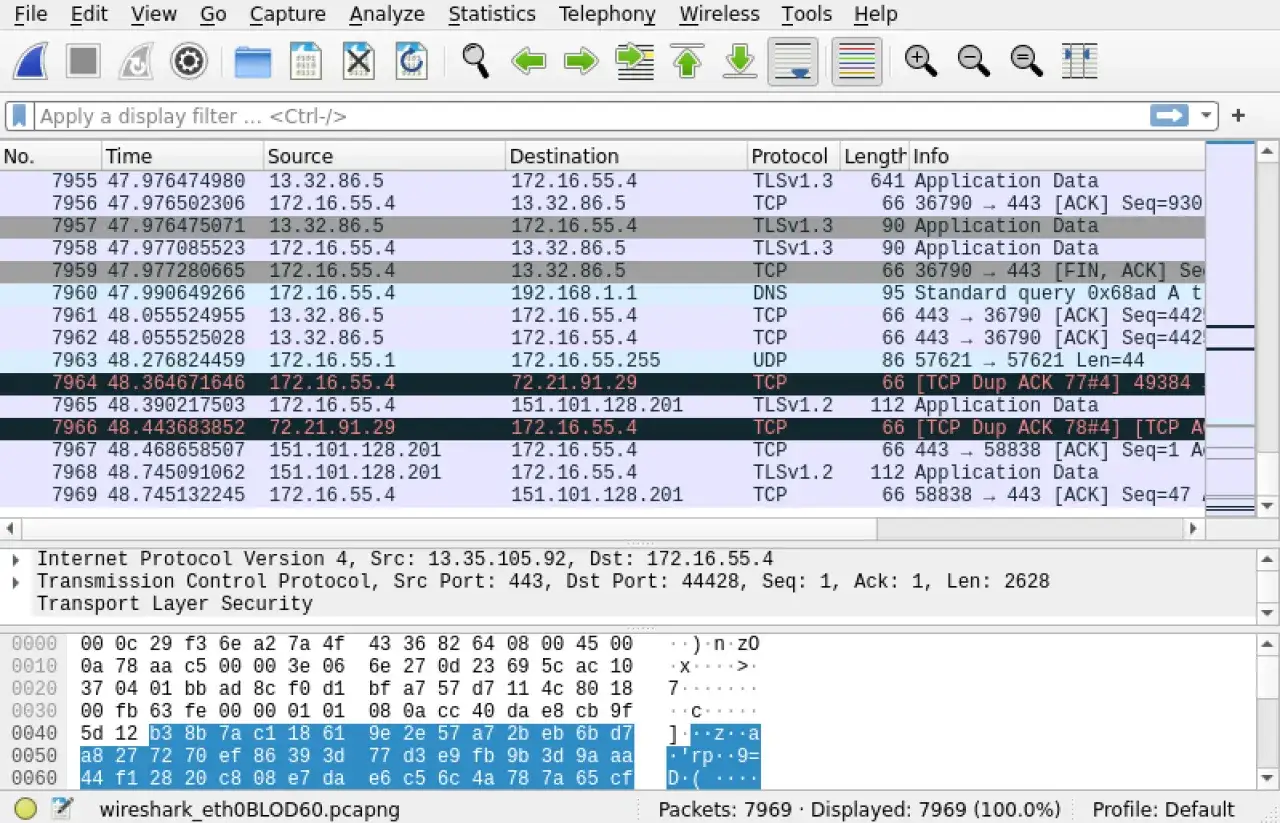 Captura de tr&aacute;fico de red con Wireshark, mostrando paquetes TCP y TLS. Un sniffer como este analiza datos.
