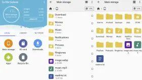 Explora carpetas como "Descargas", "Música" y "Fotos" en tu almacenamiento principal. Busca aplicaciones ocultas y gestiona tus archivos.