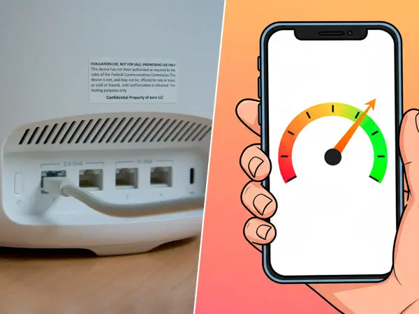 Velocidad de internet en un smartphone, con un medidor de rendimiento alto, junto a un router con puertos 2.5 GbE y 10 GbE, anticipando el futuro IEEE 802.11be.