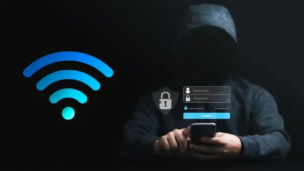 Persona con capucha intenta acceder a dispositivos conectados a mi wifi. Pantalla de inicio de sesión con candado y campos de usuario/contraseña.