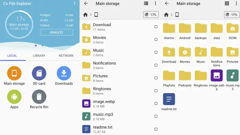Explora carpetas como "Descargas", "Música" y "Fotos" en tu almacenamiento principal. Busca aplicaciones ocultas y gestiona tus archivos.