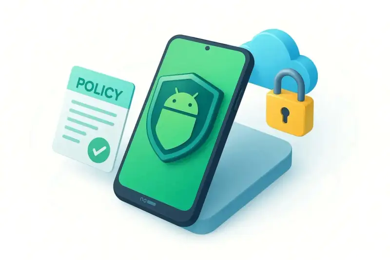 Un teléfono con un escudo de Android, un documento de "POLICY" y un candado en una nube. Así funciona la device policy para proteger tus datos.