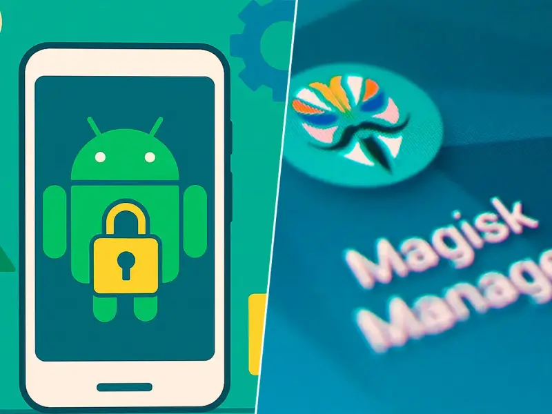 Icono de Android con candado y logo de Magisk, ilustrando el proceso de rootear Android para mayor control.