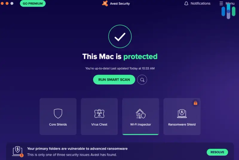Interfaz de Avast Security mostrando "This Mac is protected". Ofrece un escaneo inteligente y opciones como Core Shields, Virus Chest, Wi-Fi Inspector y Ransomware Shield. Es un antivirus para Mac gratis.