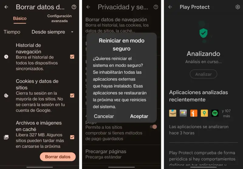 ¿Cómo saber si mi tablet tiene virus? Pantallas de configuración de privacidad y Play Protect, mostrando análisis y opciones de reinicio seguro.