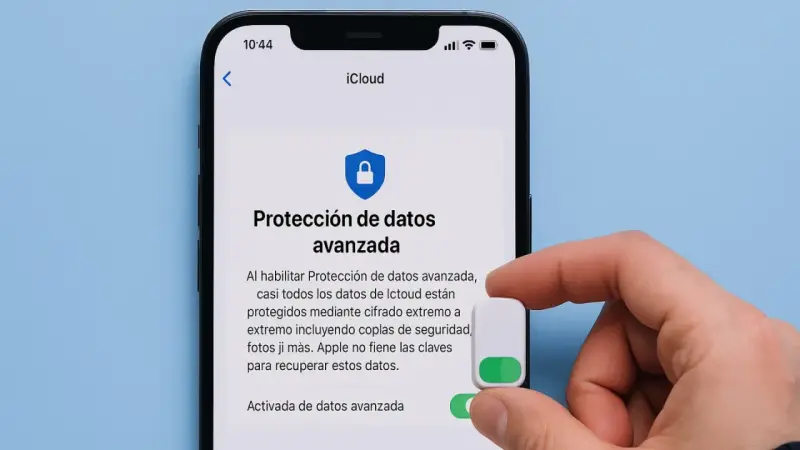 Dedo activando Protección de datos avanzada en un iPhone. La pantalla muestra la opción de "ubicacion iphone apagado" para mayor seguridad.